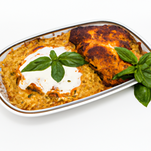 A plated serving of Dutch Oven Chicken Parmesan with a side of spaghetti and garnished with basil leaves.