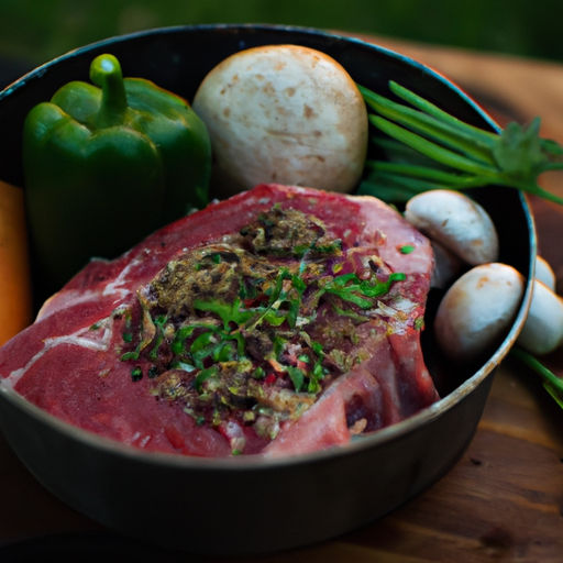 Fresh ingredients including steak, vegetables, and spices ready to be cooked in a Dutch oven.